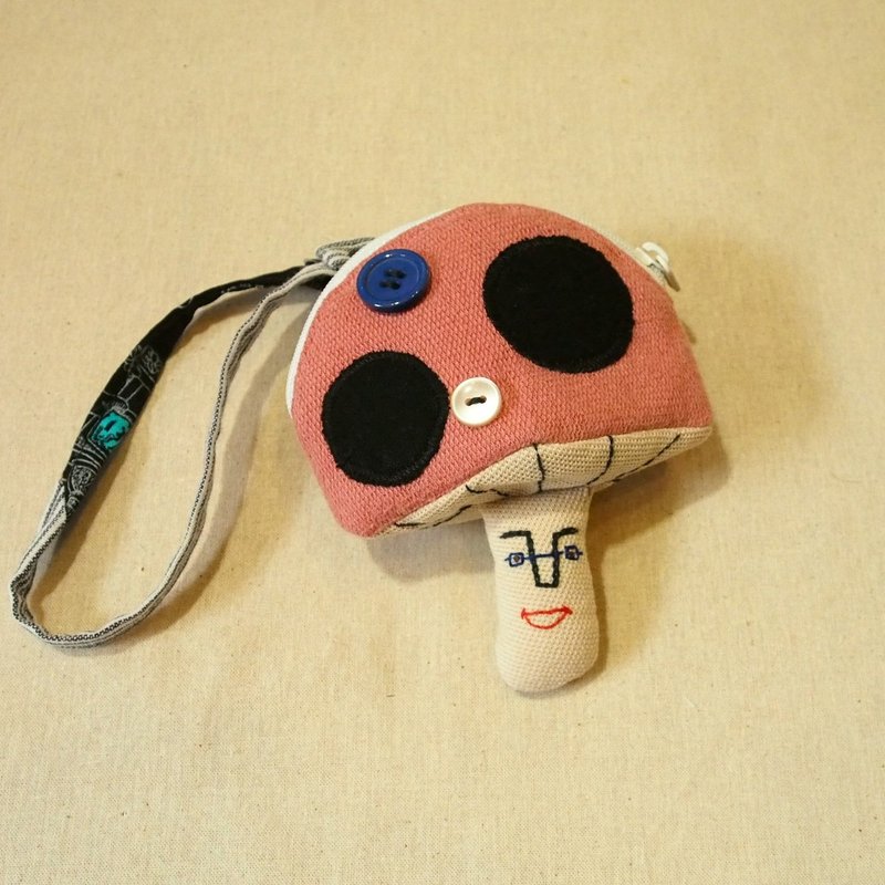 Kao Embroidered Mushroom Zip Pouch - กระเป๋าเครื่องสำอาง - ผ้าฝ้าย/ผ้าลินิน สึชมพู