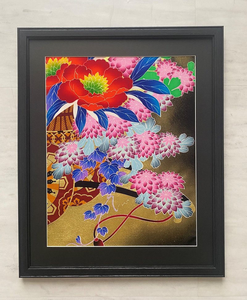 着物からつくるアートパネル29　色打掛　友禅着物　大輪　着物リメイク　新築祝い　和室インテリア　縁起物 - 壁貼/牆壁裝飾 - 絲．絹 黑色