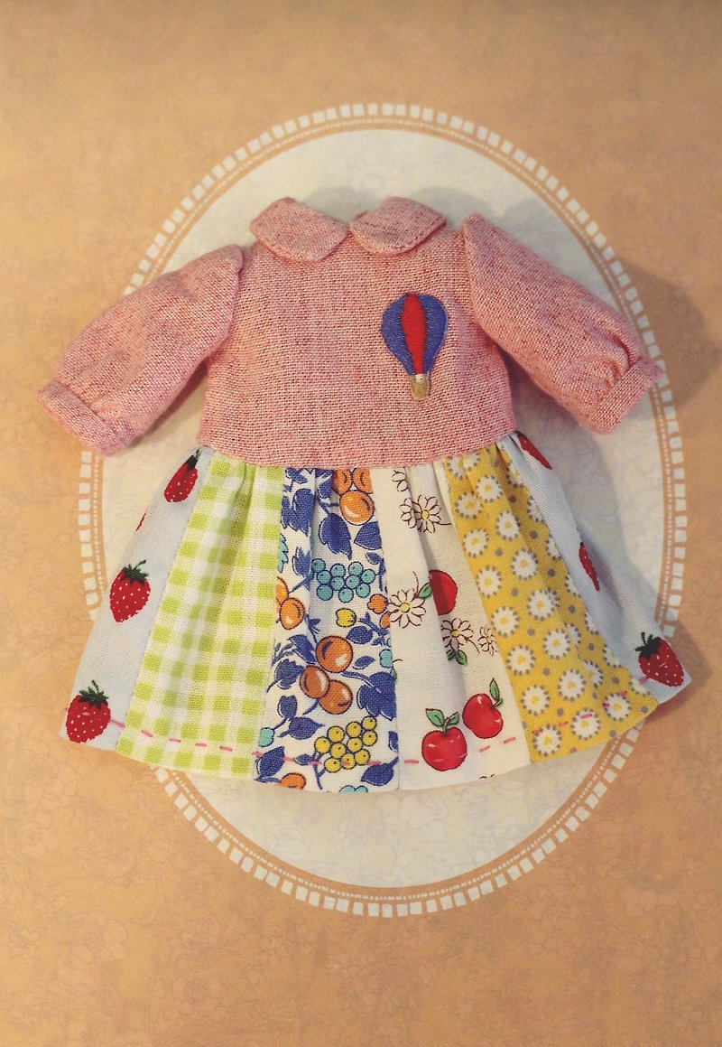 Holala、莉卡、小布尺寸手工日本布拼接娃洋裝(粉紅色熱氣球款) - 洋裝/連身裙 - 羊毛 粉紅色
