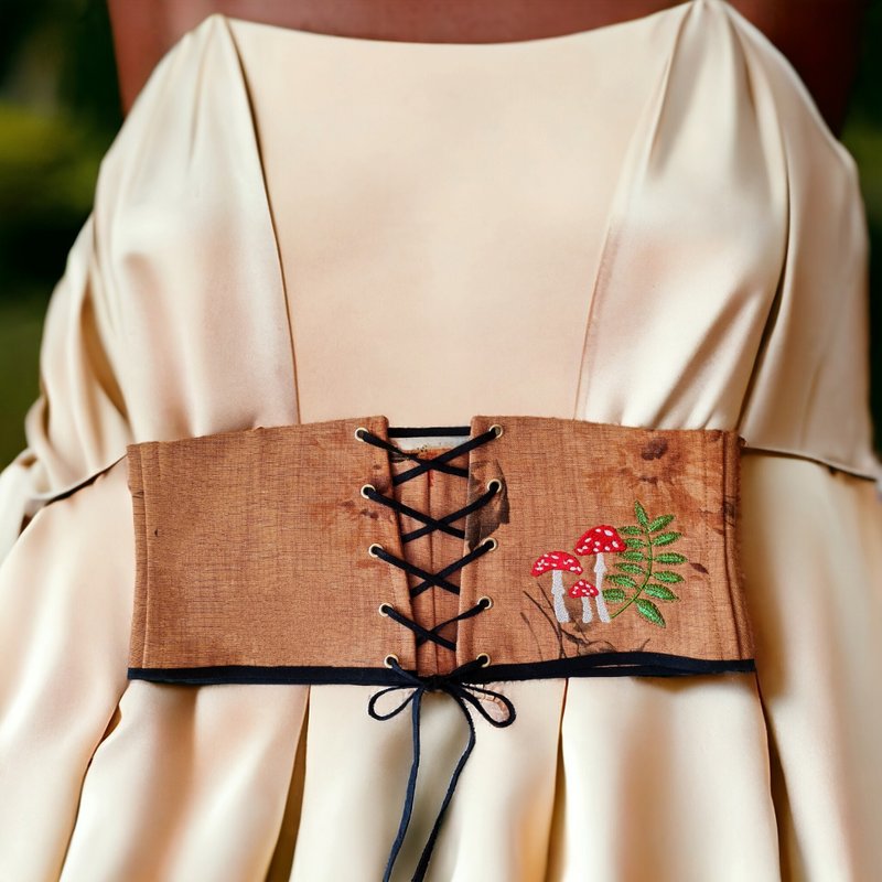 Embroidered lace up wide corset belt for dress, underbust corset custom size - เข็มขัด - ลินิน สีกากี