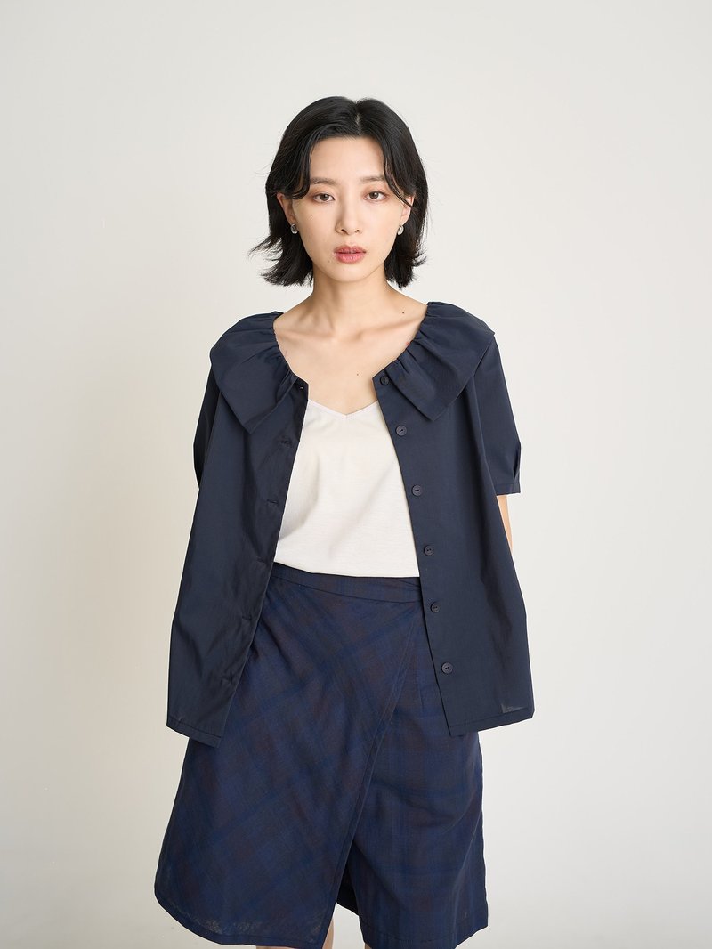 Cloud collar cardigan shirt-evening tea - Women's Shirts - Other Man-Made Fibers Blue