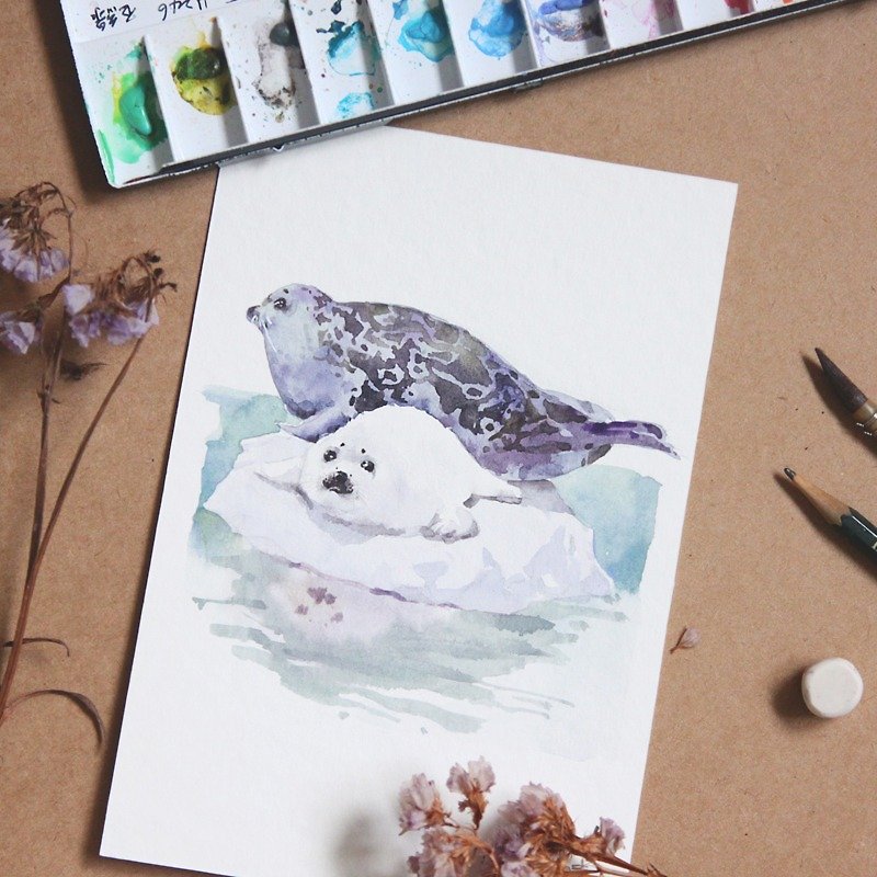 English watercolor hand-painted animal custom painting - การ์ด/โปสการ์ด - กระดาษ สีน้ำเงิน