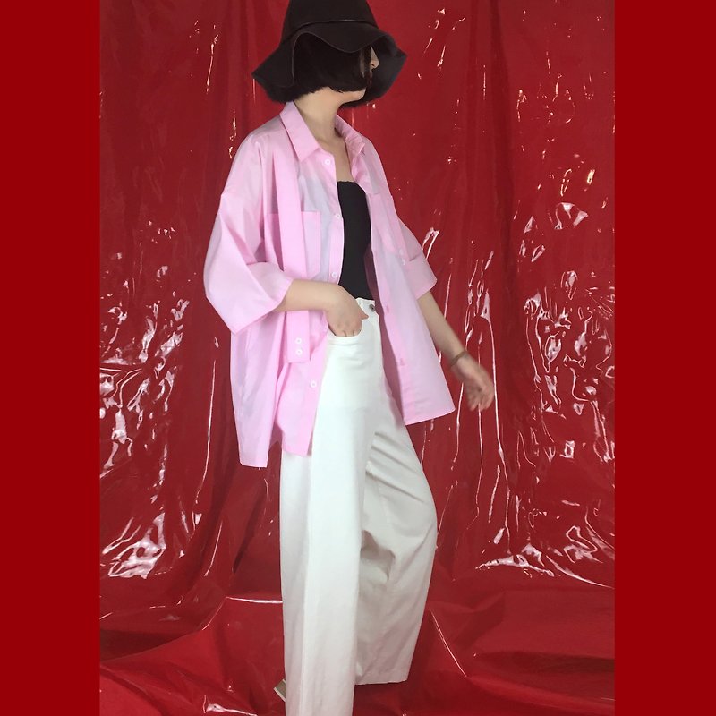 Original summer pink loose neutral minimalist short sleeve shirt - เสื้อเชิ้ตผู้หญิง - ผ้าฝ้าย/ผ้าลินิน สึชมพู