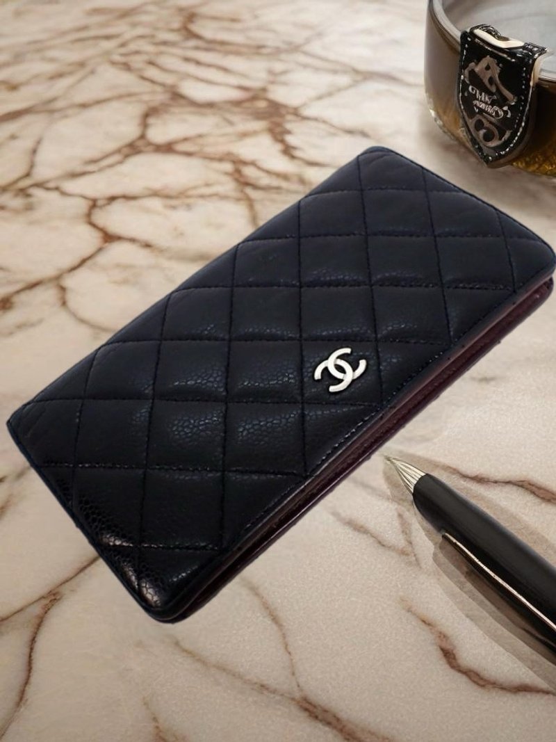 [LA LUNE] Second-hand Chanel black caviar leather long clip wallet cross-body shoulder bag - กระเป๋าแมสเซนเจอร์ - หนังแท้ สีดำ