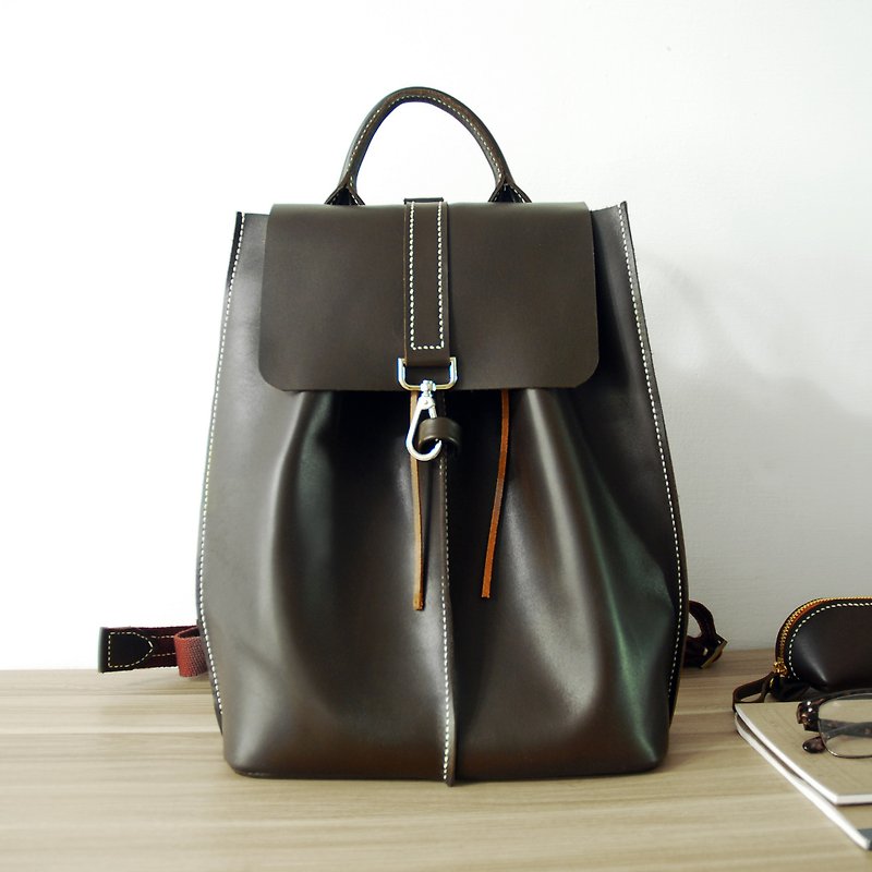 Bucket backpack (coffee) hand-stitched leather - Backpacks - Genuine Leather Brown