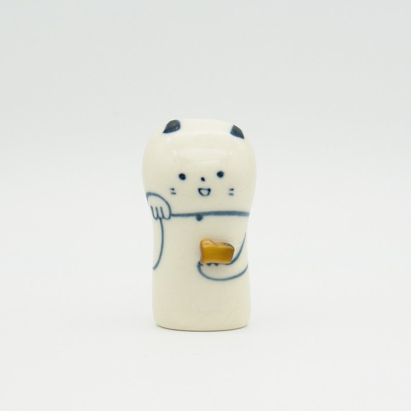 Handmade porcelain doll Maneki-neko with tiger eye - Items for Display - Porcelain White