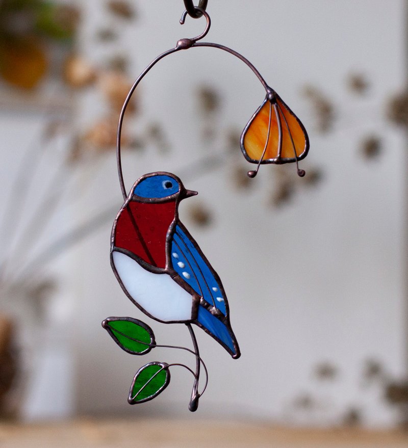 Suncatcher - finch bird on a branch. Stained glass A bluebird with a red breast - Wall Décor - Glass Blue