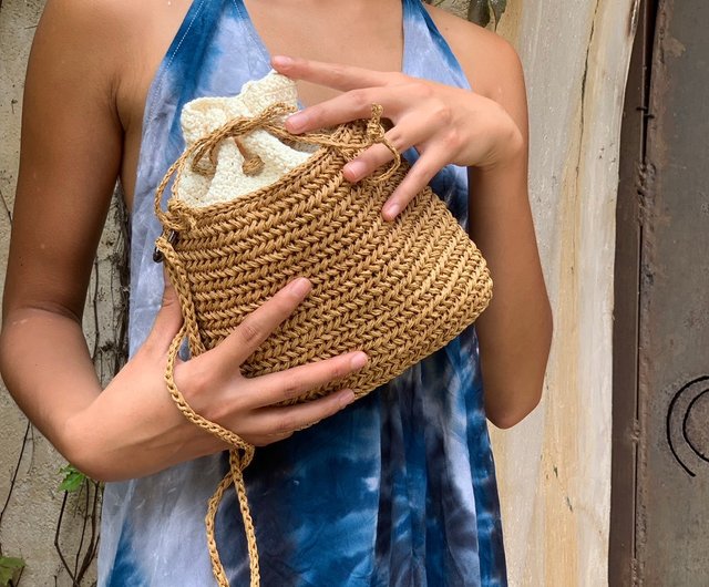 Woven Rattan Drawstring Bag Crossbody Bag Handmade Raffia Woven Bag