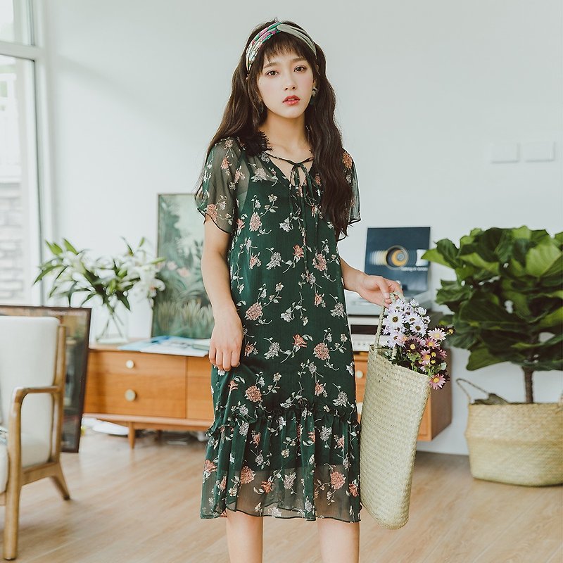 [Summer dress specials] Anne Chen 2018 summer dress new large V-neck print dress dress YMX8589 - One Piece Dresses - Other Materials Green