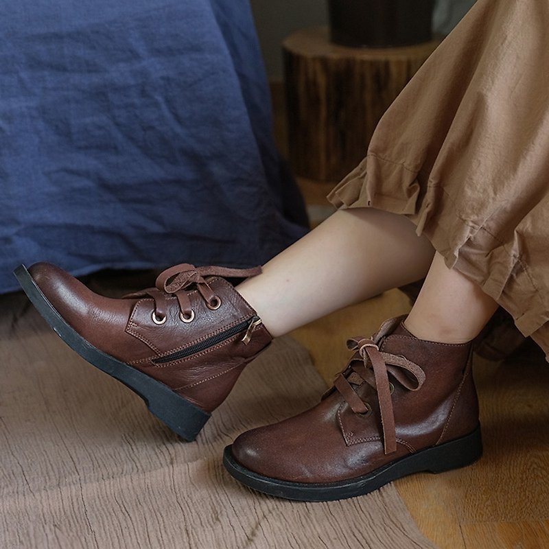 2020 Handmade Women'S Leather Ankle Boots Soft Bottom Flat - รองเท้าบูทสั้นผู้หญิง - หนังแท้ สีดำ