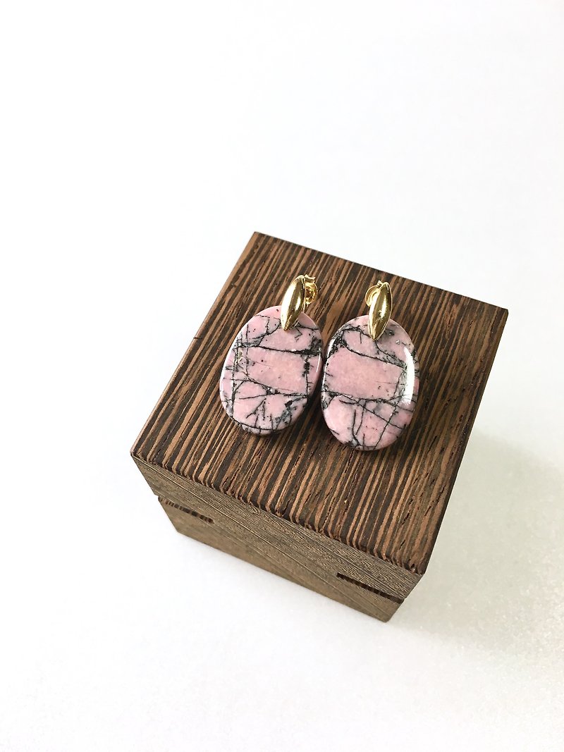 Rhodonite  Brass Stud-earring - ピアス・イヤリング - 石 ピンク