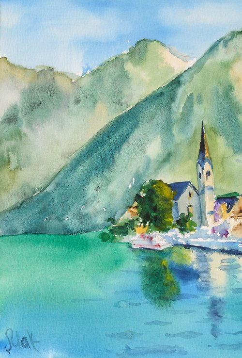 オーストリア 絵画 ザルツブルク オリジナル 水彩画 風景 山のアートワーク 湖