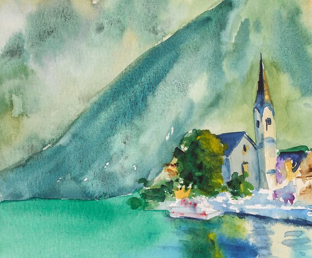 オーストリア 絵画 ザルツブルク オリジナル 水彩画 風景 山のアート 