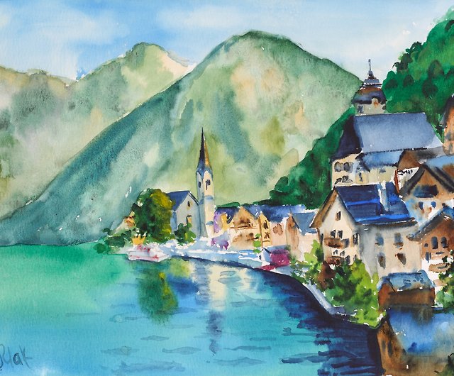 オーストリア 絵画 ザルツブルク オリジナル 水彩画 風景 山のアート ...