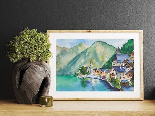 オーストリア 絵画 ザルツブルク オリジナル 水彩画 風景 山のアートワーク 湖