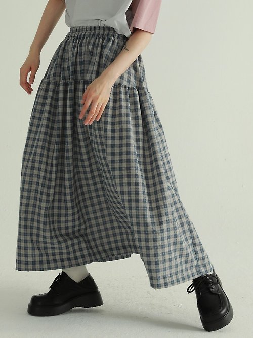 EPICRARE 灰藍格子 日系半身裙 文藝風復古設計感百搭中長款大擺裙子 均碼