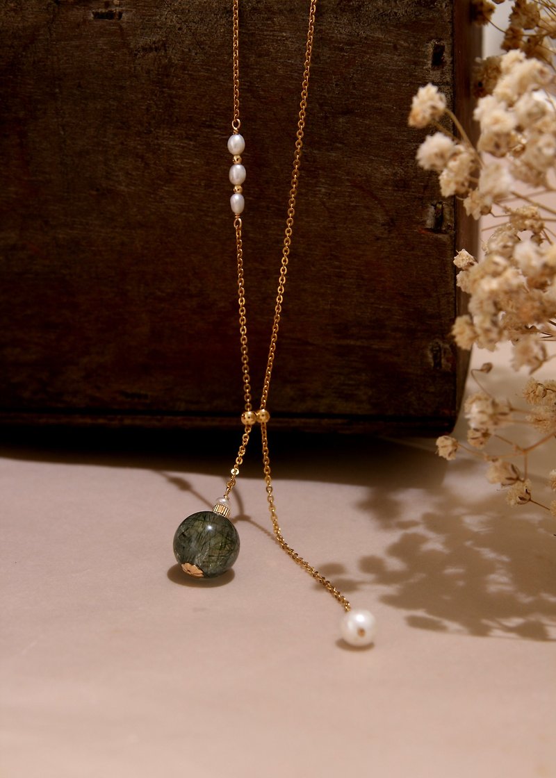 多種戴法 綠髮晶珍珠項鍊 可調整長度 ~星球運行 - 項鍊 - 珍珠 綠色