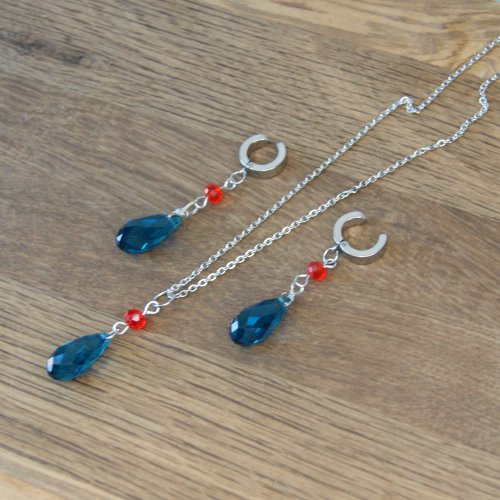 Cyberpunk Jewelry Boutique 藍色淚滴動漫耳環夾式和項鍊。 嚎叫水晶飾品套裝