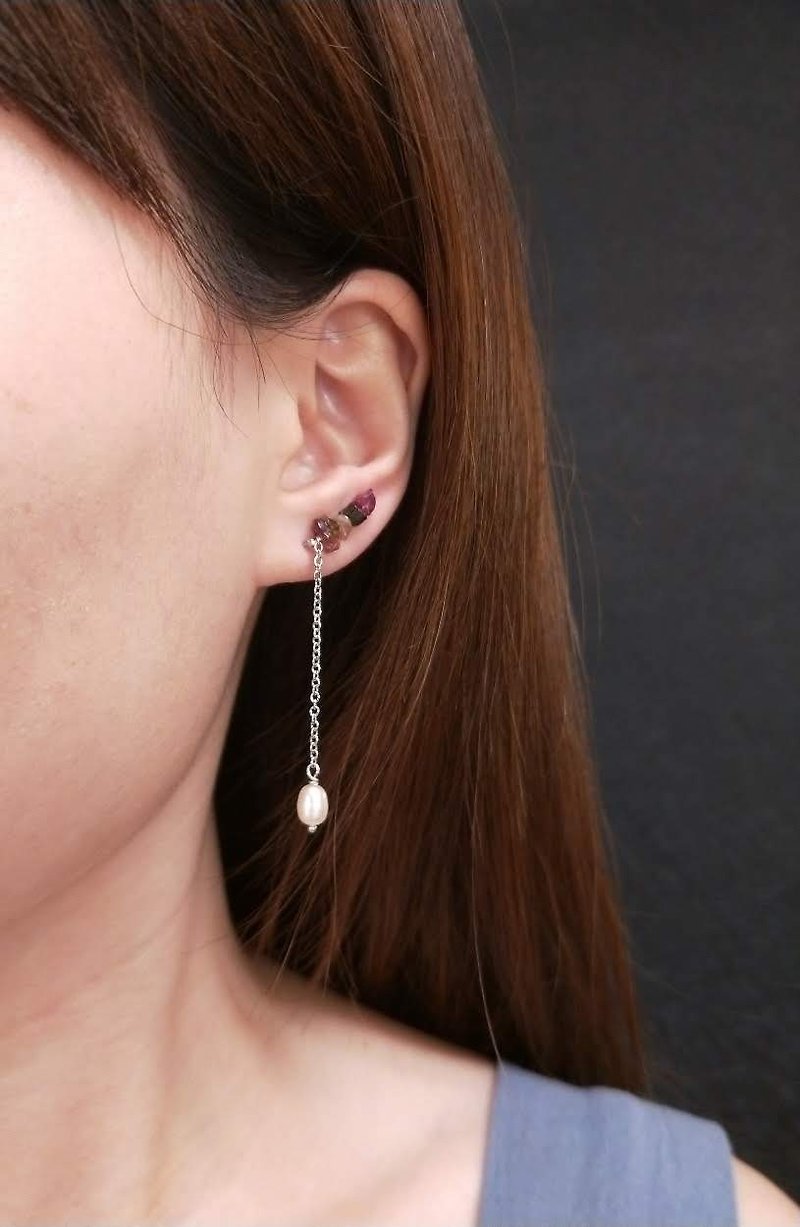 earring. Tourmaline*Pearl Draping Applique Horizontal Stud Earrings - Earrings & Clip-ons - Semi-Precious Stones Multicolor