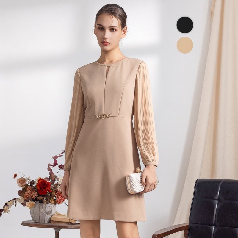 【MEDUSA】Pleated-Sleeve Designer Cut Slim-Fit Suit Dress - ชุดเดรส - ไฟเบอร์อื่นๆ สีกากี