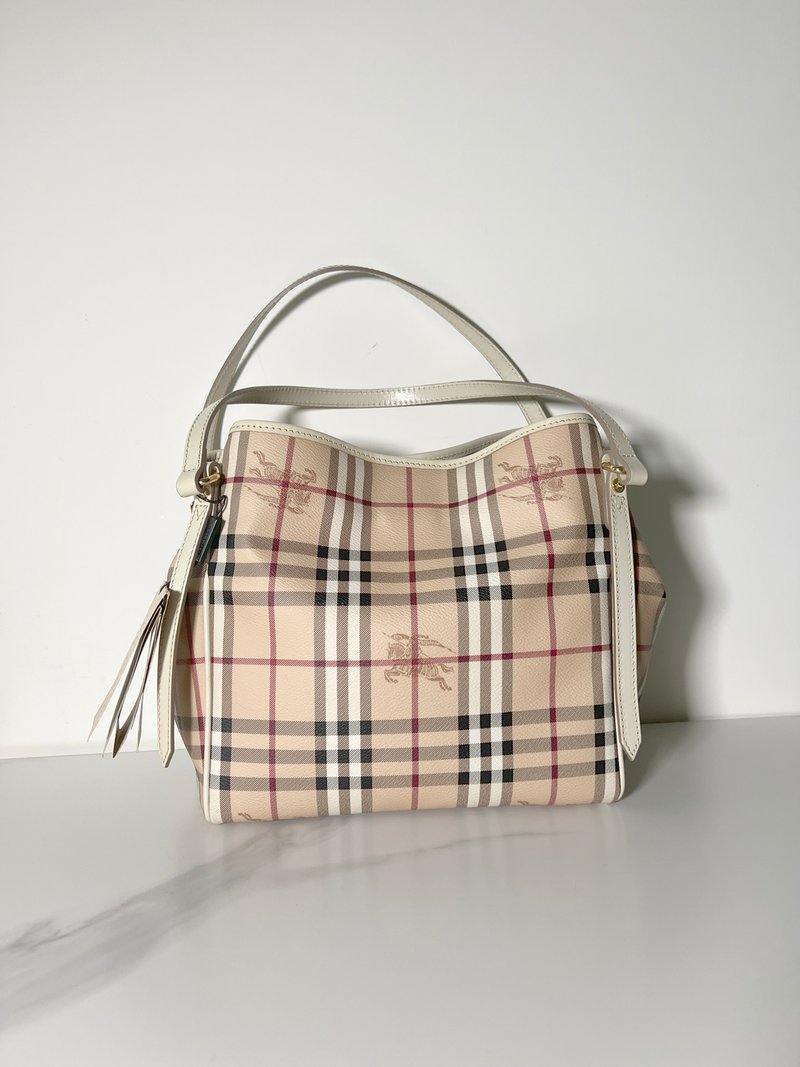 BURBERRY Shoulder Bag 格紋手提單肩側背包 日本中古二手 - 側背包/斜背包 - 其他材質 卡其色