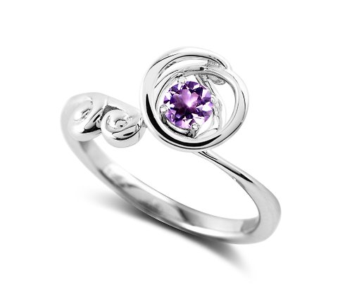 Majade Jewelry Design 紫水晶圓形戒指 2月誕生石單石戒指 簡約波浪形925純銀不對稱指環