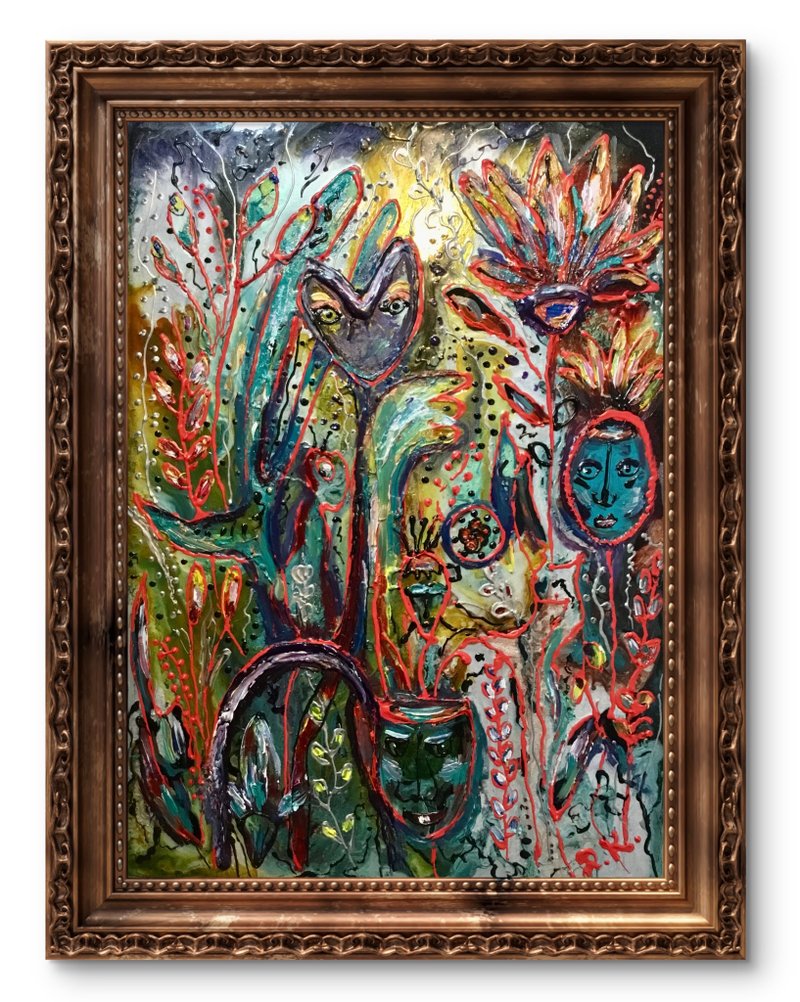 「ワイルド・ガーデン・オブ・ウォッチング・アイズ」 – ステンドグラスと油絵のミクストメディアアート - ウォールデコ・壁紙 - ガラス 多色