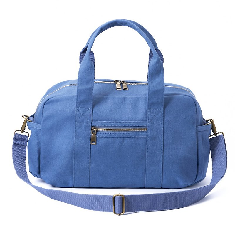 Classic blue single shoulder tote canvas bag travel bag luggage bag leisure double zipper large capacity - กระเป๋าถือ - ผ้าฝ้าย/ผ้าลินิน ขาว