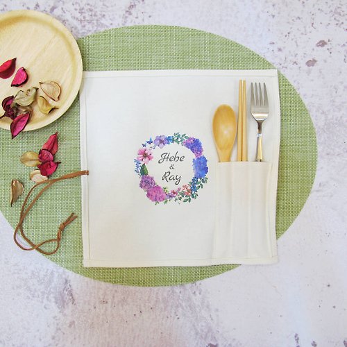 GREEMA 品牌旗艦館 客製化婚禮小物 環保餐具 帆布收納套組 含木筷湯匙叉子 粉紫花圈