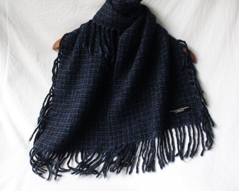 FOAK古著 英國K.Hamnett藍黑花紋圍巾 - 頸巾/披肩 - 羊毛 