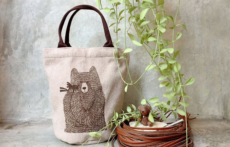 HANDBAG HAND PRINT BEAR LOVE BIRD. - Handbags & Totes - Cotton & Hemp Khaki
