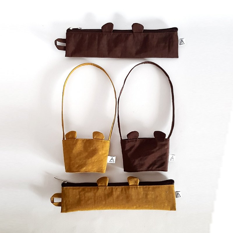 Goody Bag - 巧克力熊和焦糖熊/環保餐具袋+飲料提袋/閨蜜分享組 - 飲料提袋/杯袋/杯套 - 其他材質 咖啡色
