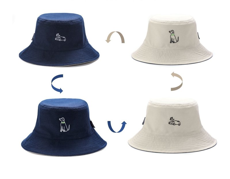 Cat / Dog embroidery 2-side 2-color Reversible Bucket Hat (Navy Beige) - Hats & Caps - Cotton & Hemp Multicolor