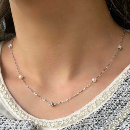 kiitos 淡水パール と CZ ダイヤ 輝く ステーション チェーン ネックレス 金屬アレルギー 対応/サージカルステンレス/14k 珍珠 防過敏 珍珠項鍊 珍珠項鍊