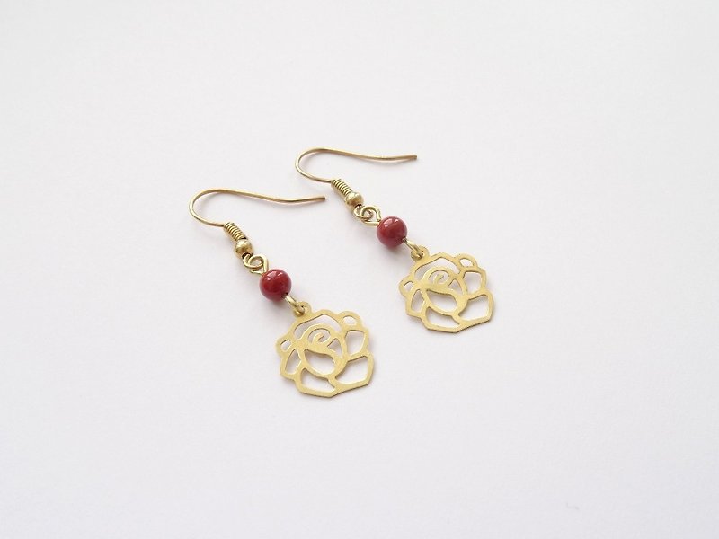 Red Jasper, Brass Rose Filigree Lightweight Dangle Earrings | Le Rosy Swing - Earrings & Clip-ons - Gemstone Red