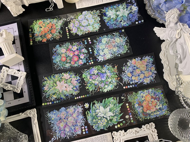 紛紛花隱 復古清麗花卉集 PET 紙膠帶 鐳射銀 - 紙膠帶/和紙/PET - 塑膠 多色