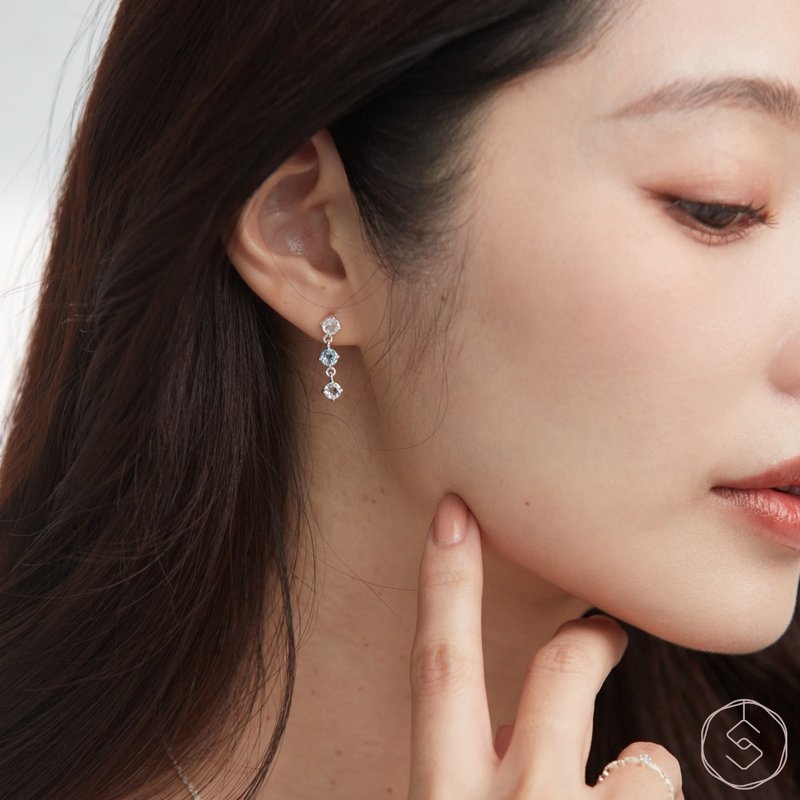 MUSE | Topaz white Stone S925 sterling silver | Two-color three-diamond Clip-On - ต่างหู - คริสตัล สีน้ำเงิน