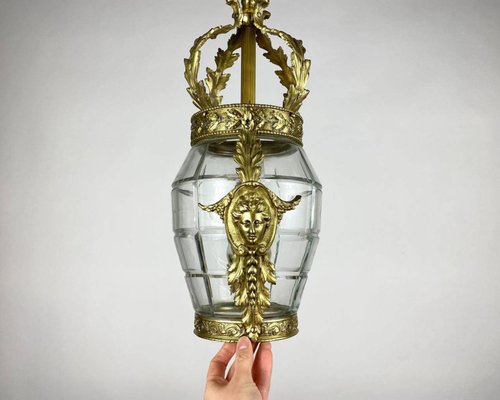 HappyDuckVintage 青銅古董天花板燈籠 法國 1920年代|模壓玻璃照明