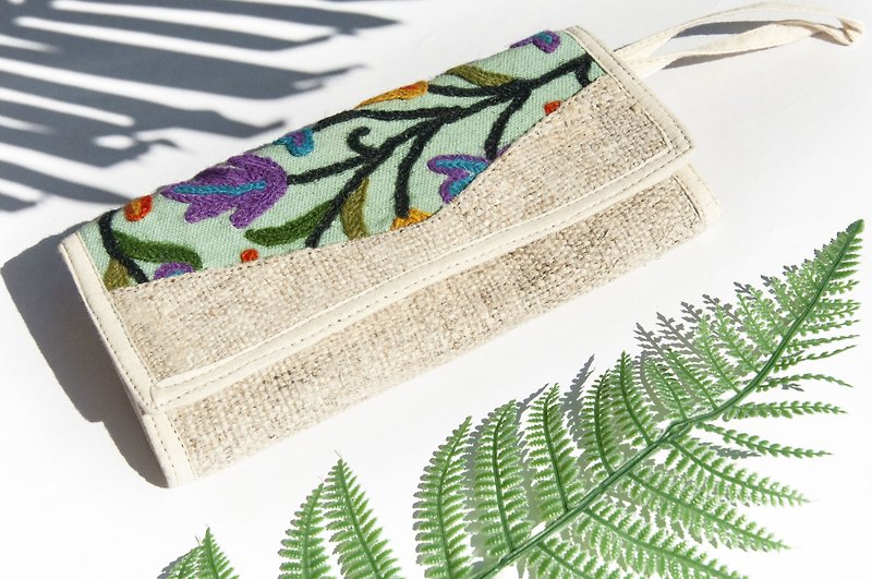 Handmade Linen wallet/woven splicing embroidered long wallet/long wallet/coin purse/woven wallet-flower style - กระเป๋าสตางค์ - ขนแกะ หลากหลายสี
