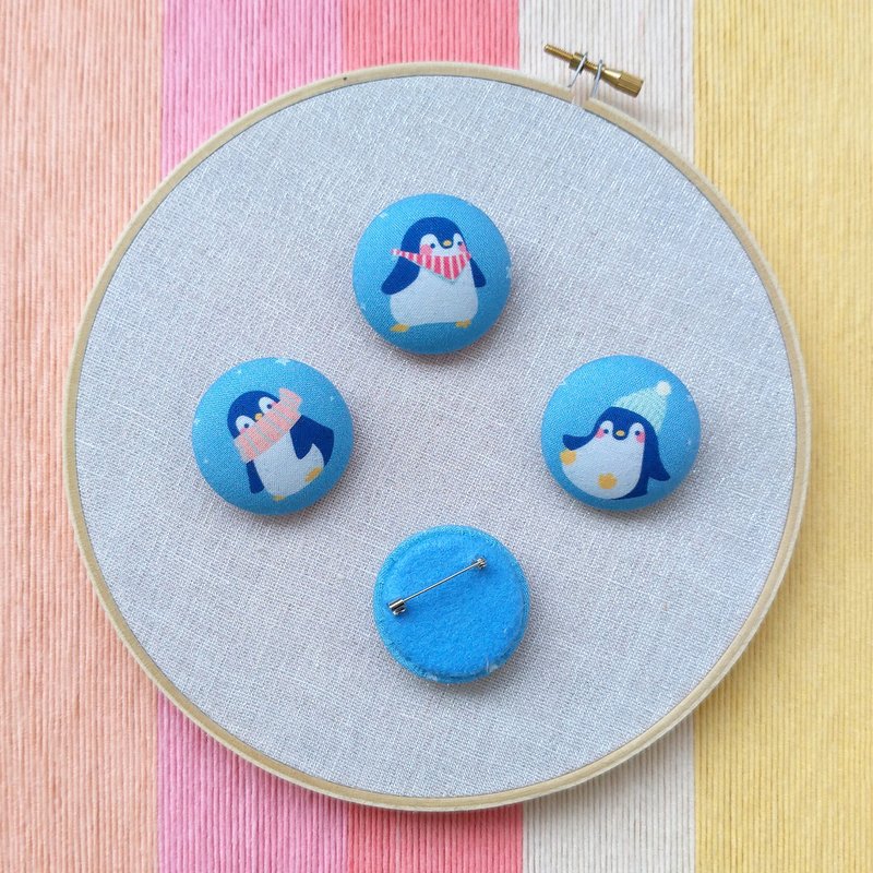 1 blue penguin pin/covered button pin/cloth brooch/Korean fabric - Badges & Pins - Cotton & Hemp Multicolor