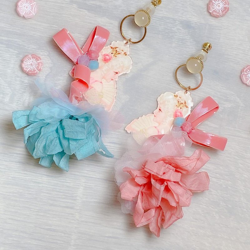 Retro little princess Pengpeng skirt natural stone x crystal flower asymmetric exaggerated gorgeous cute Clip-On limited - Earrings & Clip-ons - Other Materials Pink