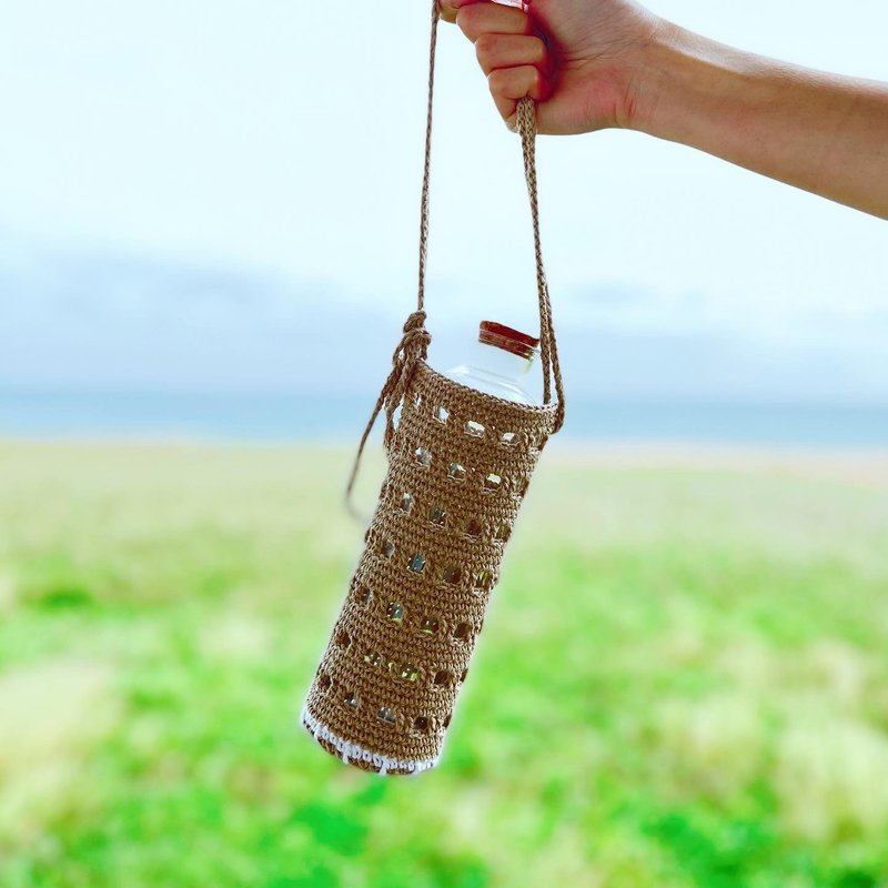 Flower base water bottle bag drink bag cup bag cup sleeve woven environmental protection water bottle bag - กระติกน้ำ - ผ้าฝ้าย/ผ้าลินิน 