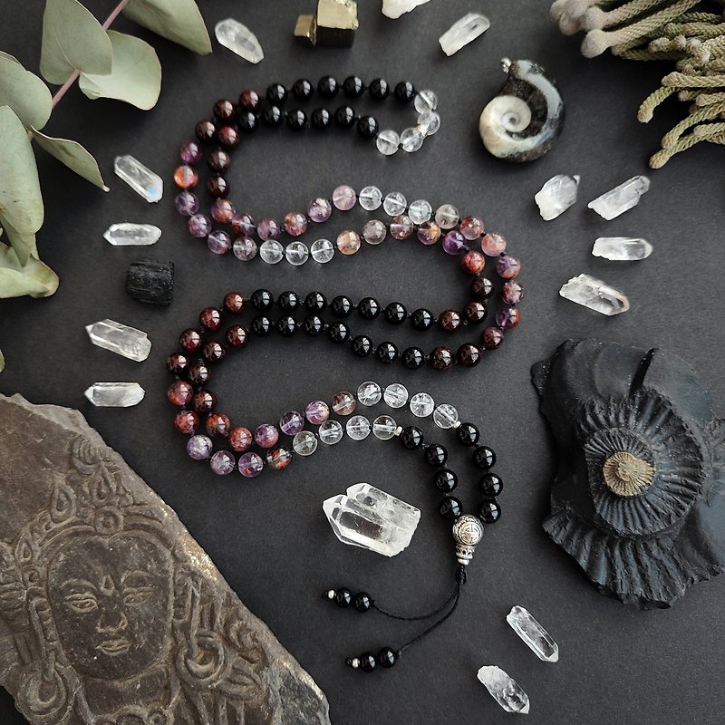 Mala Atman - Tourmaline, Garnet, Auralite-23, Quartz Gradient Rosary Meditation - Necklaces - Semi-Precious Stones Black