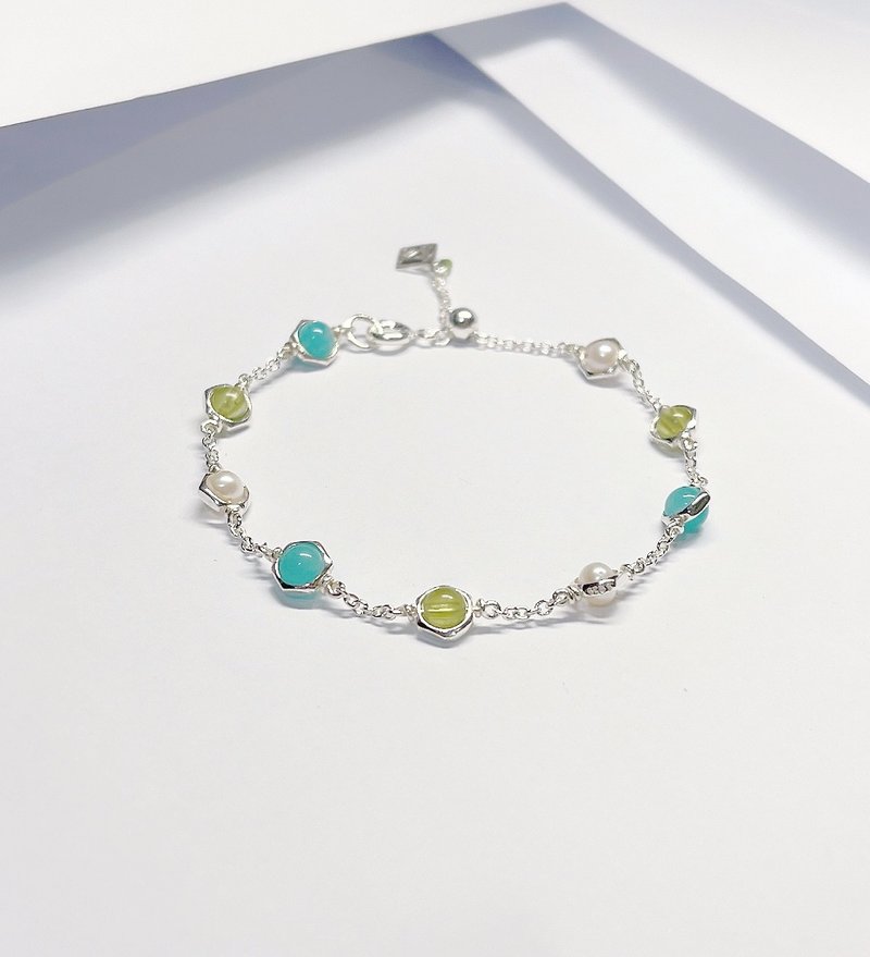 Tianhe Stone circle little _ _ _ pearl olive Stone adjustable sterling silver bracelet - สร้อยข้อมือ - เงินแท้ สีน้ำเงิน