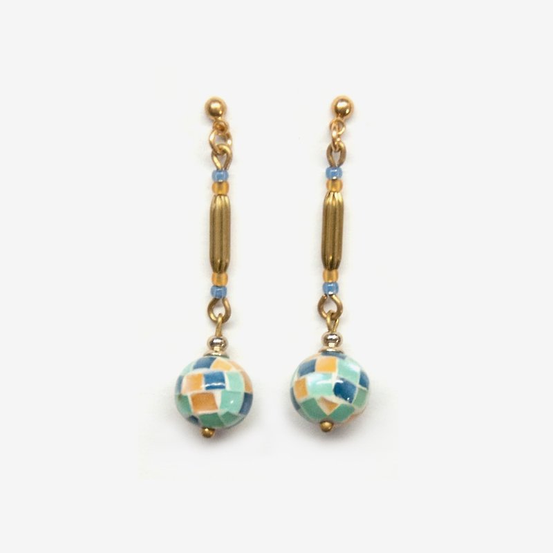 Mosaic Shell Ball Earrings - Yellow&Blue, Post Earrings, Clip on Earrings - ต่างหู - เครื่องเพชรพลอย สีเหลือง