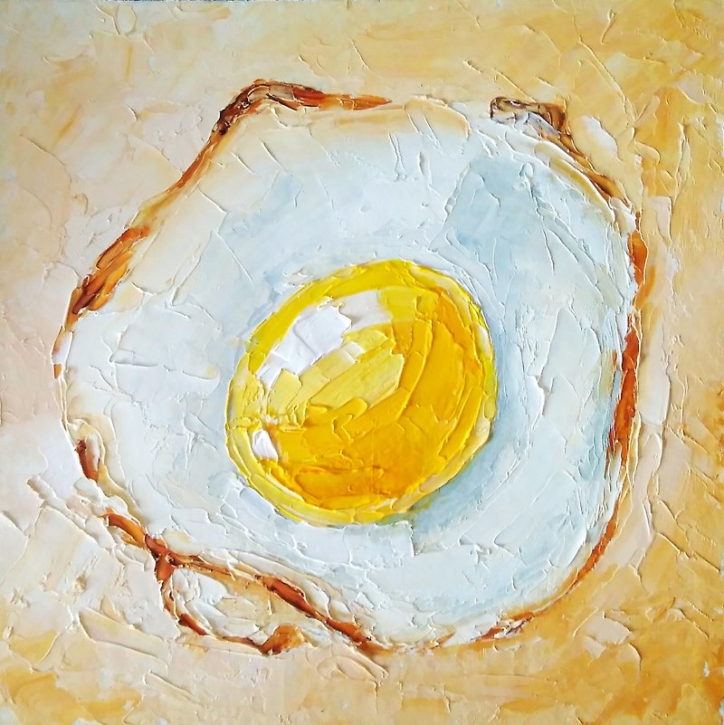Fried Egg Painting Original Art Kitchen Food Artwork Breakfast Art, 手工油畫, 油畫原作 - Posters - Other Materials Multicolor
