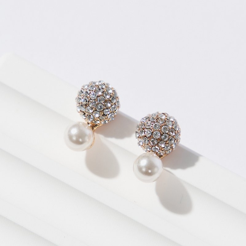 Crystal diamond pearl earrings (two colors in total) - ต่างหู - ทองแดงทองเหลือง สีทอง