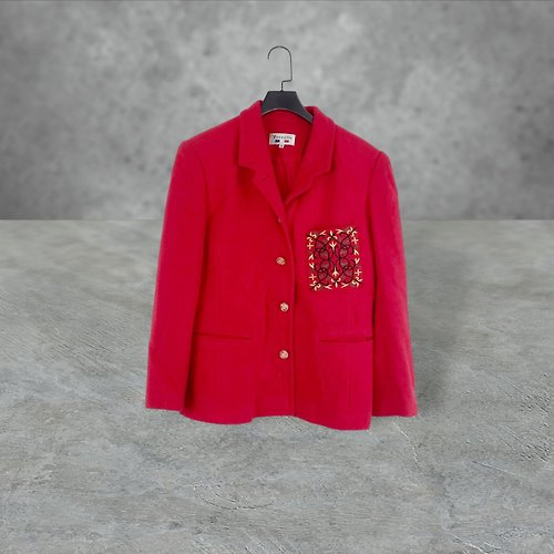 蘿綺莉蕾芭索 二手 紅色 毛料 略厚 刺繡 口袋 外套 大衣 OPME29