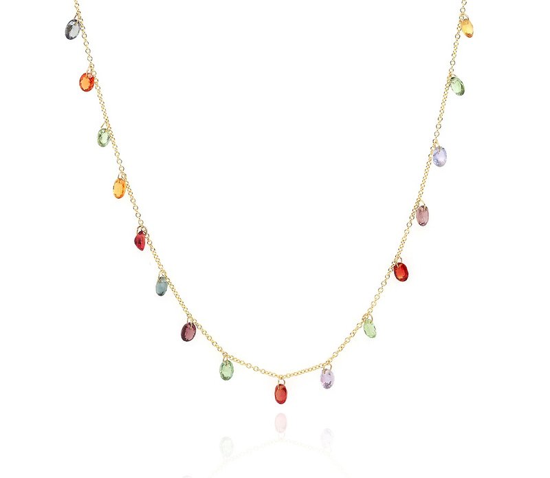 14K Gold Chain With Drilled Multishapphire, Stone Necklace, Natural Oval - Necklaces - Gemstone Multicolor