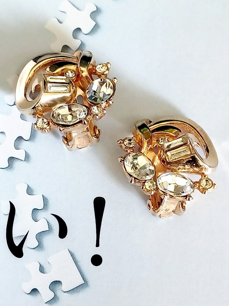 vintage jewelry  古典璀璨金色萊茵 夾式耳環 - 耳環/耳夾/耳骨夾 - 其他金屬 